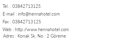 Henna Konak Hotel telefon numaralar, faks, e-mail, posta adresi ve iletiim bilgileri